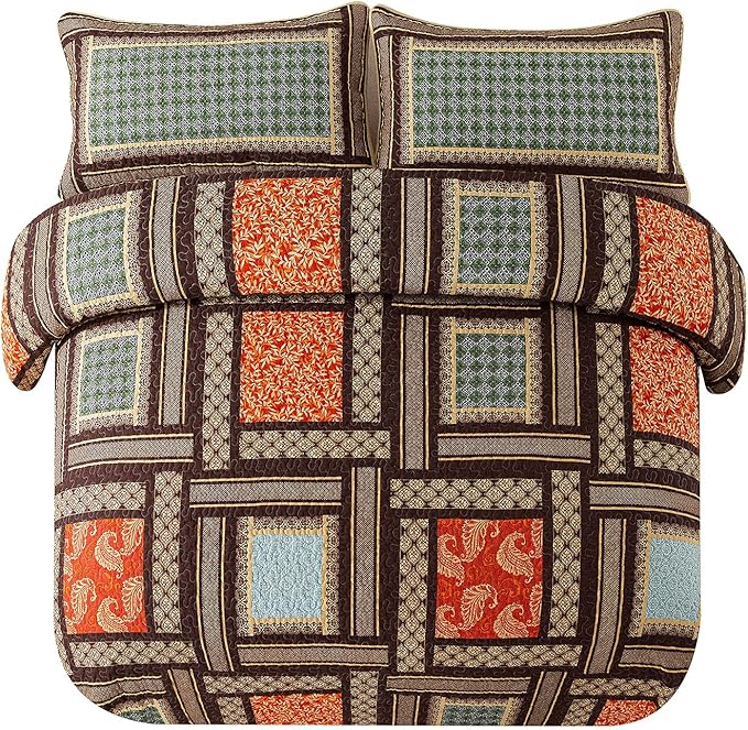 NEWLAKE Cotton Patchwork Bedspread, 3-Piece Bedding Quilt Set with Real Stitched Embroidery, Reversible Matelasse Bed Coverlet Set,Bohemian Farmhouse,King Size