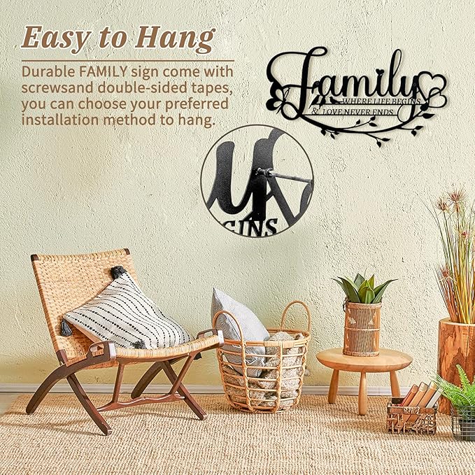 Family Sign Black Metal Wall Art Decor, Oppro Family Where Life Begins Love Never Ends Wrought Iron Wall Decorations, Hanging Plaque Letters Signs Home Decor for Living Room Bedroom Dining Room Kitchen Mother's Day Father's Day