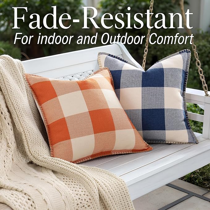 decorUhome Buffalo Plaid Check Throw Pillow Covers 12x20 Set of 2, Outdoor Lumbar Decorative Farmhouse Neutral Pillow Covers with Stitched Edge for Bed Couch Sofa, Navy Blue and White