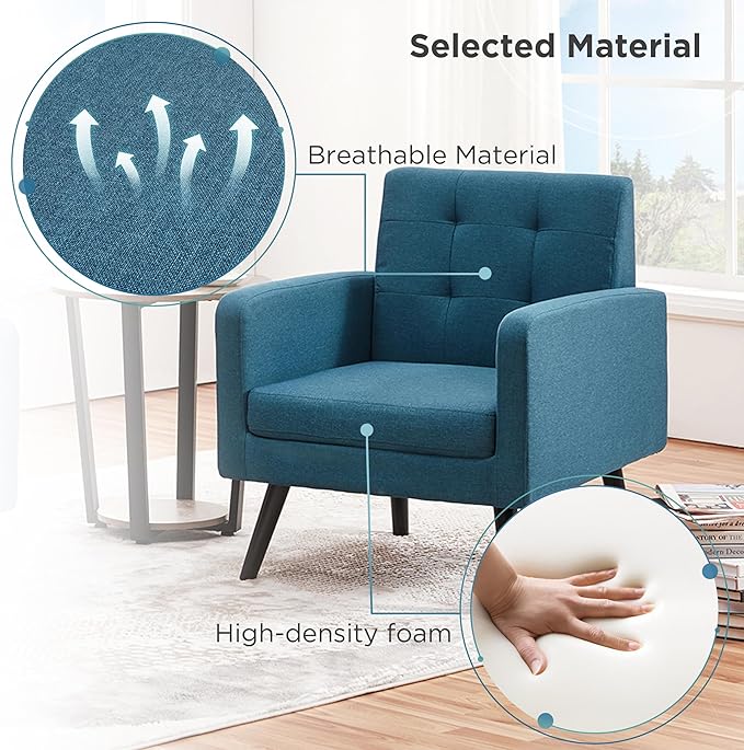 Yaheetech Mid-Century Accent Chairs, Modern Upholstered Living Room Chair, Cozy Armchair Button Tufted Back and Wood Legs for Bedroom/Office/Cafe, Set of 2, Navy Blue