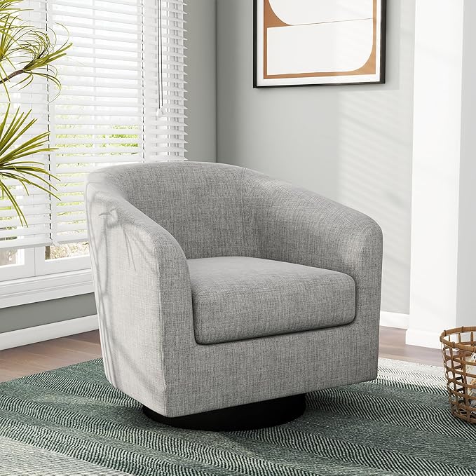 Swivel Barrel Accent Chair, Modern Round Linen Arm Chair for Living Room, Bedroom, Comfy Club Reading Chairs for Adults(Linen Fabric, Light Grey, Set of 1