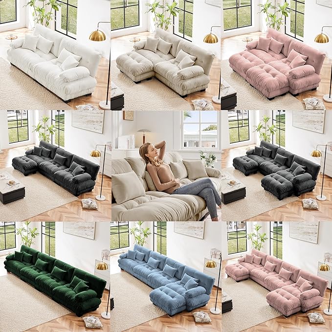 Modular Sectional Sofa, Comfy Cloud Couch Oversized Loveseat, Sectional Couches for Living Room, Modern Chenille Couch for Bedroom, Sleeper Deep Seat Sofa with Throw Pillows, Blue