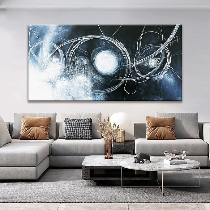 TAIJXAGSG Large Abstract Wall Art For Living Room Modern Dark Blue Wall Canvas Decorations White Line Canvas Wall Art Decor Prints Artwork Bedroom Kitchen Office Home Wall Artwork 29"×58"
