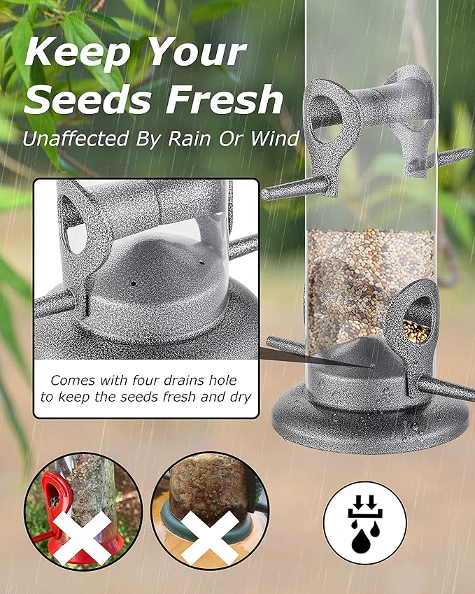 iBorn Metal Bird Feeder Hanging Wild Bird Seed Feeder for Mix Seed Blends Heavy Duty All Metal Silver Finish,14 Inch 6 Port(Seed is not Included)