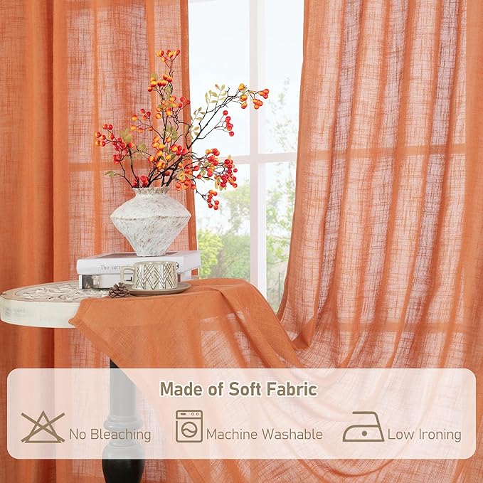 LAMIT Burnt Orange Sheer Linen Curtains, 84 inch Light Filtering Semi Sheer Panels Bronze Grommet Farmhouse Rust Drapes for Living Room/Bedroom, 2 Panels, 52 x 84 Inch