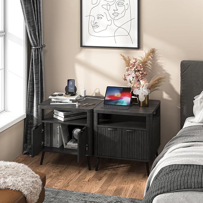 Nightstand Set of 2 with Charging Station, 24" End Table Side Table with Open Shelf, Modern Large Wood Fluted Bedside Cabinet for Bedroom, Living Room, Black