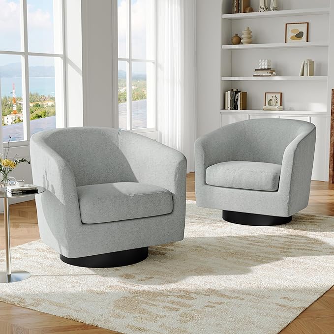 Swivel Barrel Accent Chair, Modern Round Chenille Fabric Arm Chair for Living Room, Bedroom, Comfy Club Reading Chairs for Adults(Chenille Fabric, Light Grey, Set of 2