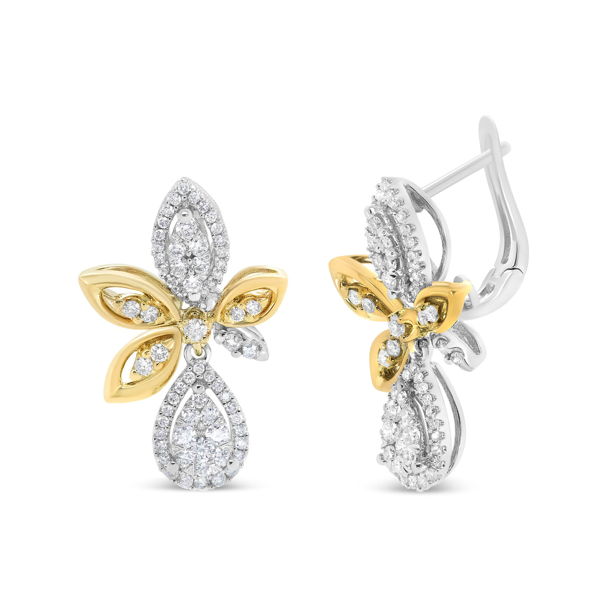 Boucles d'oreilles pendantes en forme de goutte et marquise en or blanc et jaune 14 carats, diamants ronds pavés de 1,00 carat (couleur H-I, pureté SI1-SI2)