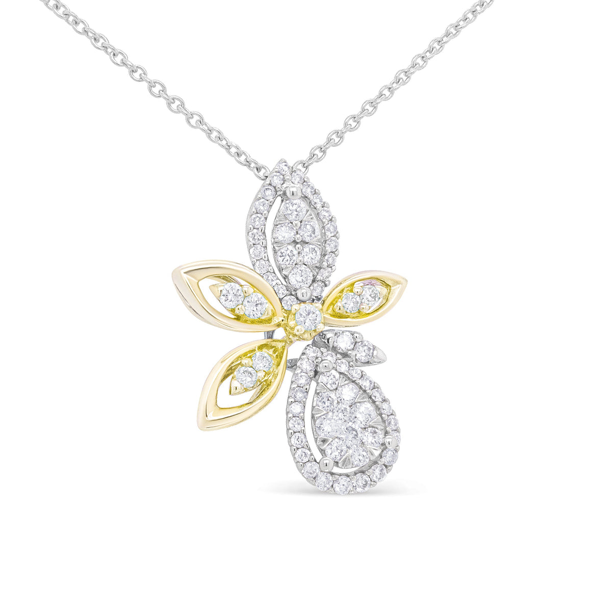 Pendentif et collier 18" en or blanc et jaune 14 carats, serti de diamants ronds taille marquise (5/8 carat au total, couleur H-I, clarté I1-I2), style floral