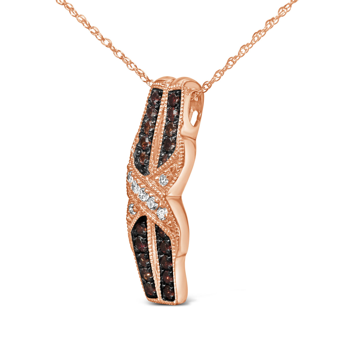 Pendentif infini torsadé en or rose 10 carats avec diamants blancs et marron chocolat 1/4 carat (couleur I-J, pureté I1-I2)