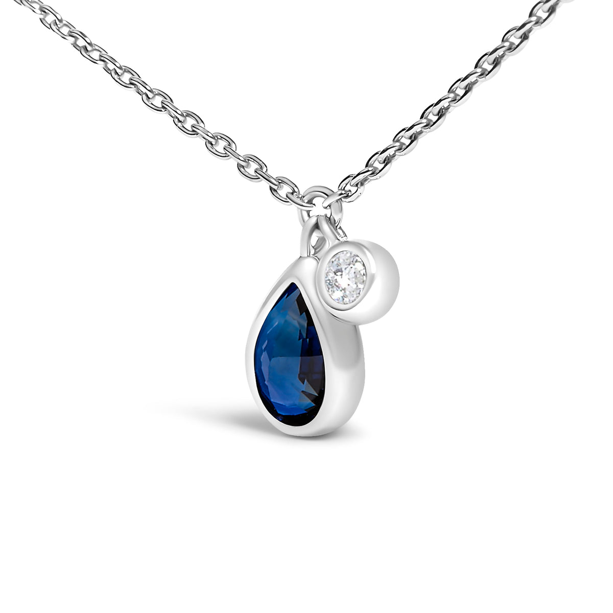 Pendentif charme en or blanc 14 carats, saphir bleu poire 6x4mm et accent diamant - 18"