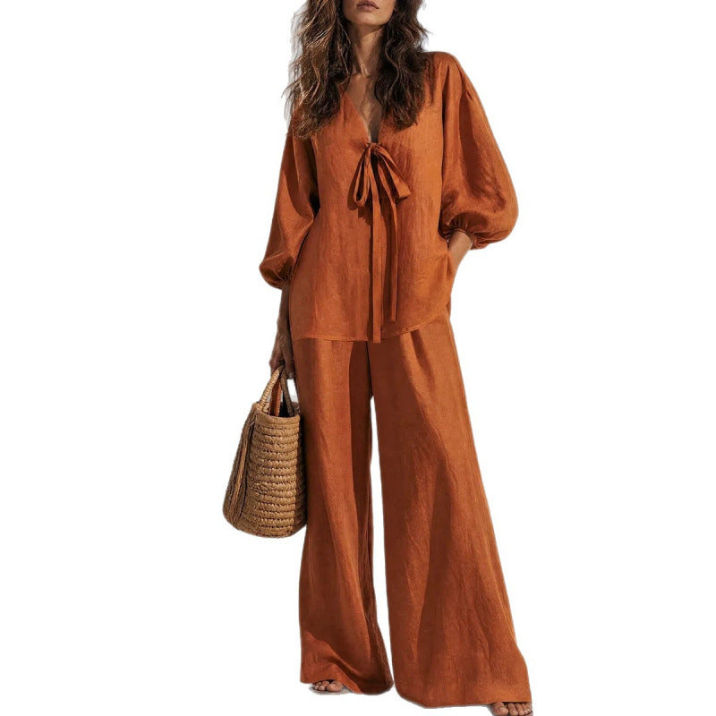 Independent Station Cross-border 2026 European And American Style Spring And Summer New Simple Casual Solid Color Lace-up Jacket Straight Pants Two-piece Set