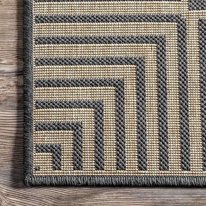 nuLOOM 9'6" x 12' Outdoor Area Rug, Casual Design With Striped Border, Stain Resistant, Highly Durable, For Patio, Balcony, Bedroom, Living Room, Dining Room, Bathroom, Dark Grey