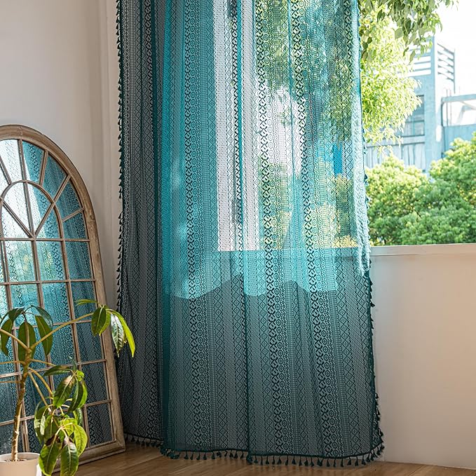 Sutuo Home Boho Curtains 72 inches Long for Bedroom Living Room, Crochet Lace Sheer Bohemian Hollow Knitted with Tassels, Rod Pocket Window Treatment Drapes, 1 Panel 59" W x 72" L, Turquoise