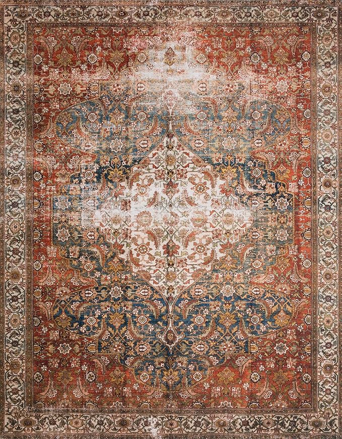 Loloi Layla Collection LAY-05 Ocean/Multi 2'-6" x 7'-6" .13" Thick Runner Rug, Soft, Durable, Vintage Inspired, Distressed, Low Pile, Non-Shedding, Easy Clean, Printed, Living Room Rug