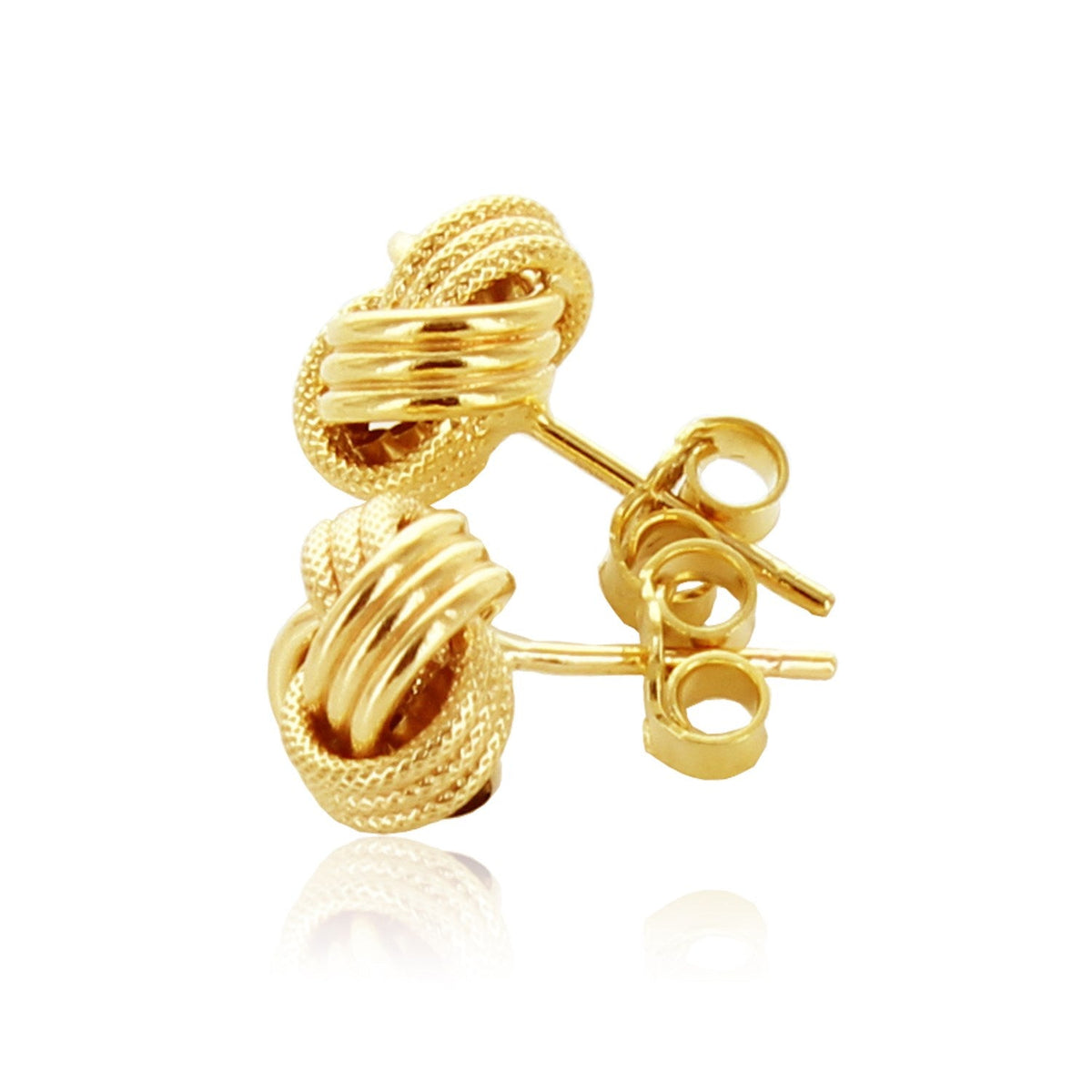 Boucles d'oreilles nœud d'amour en or jaune 14 carats texturées.