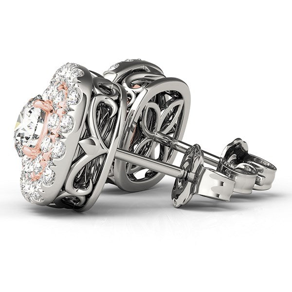 Boucles d'oreilles en or blanc et rose 14 carats avec diamants en forme de coussin (3/4 cttw)