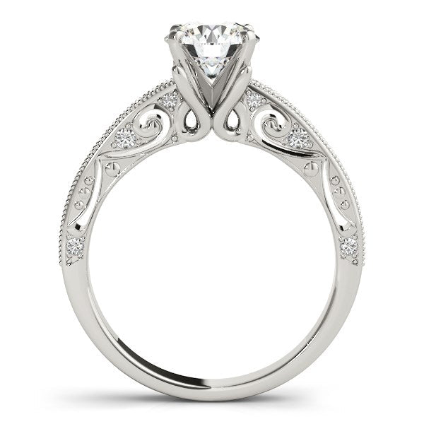 Bague de fiançailles antique en or blanc 14 carats avec diamant rond serti à griffes (1 1/8 carats au total)