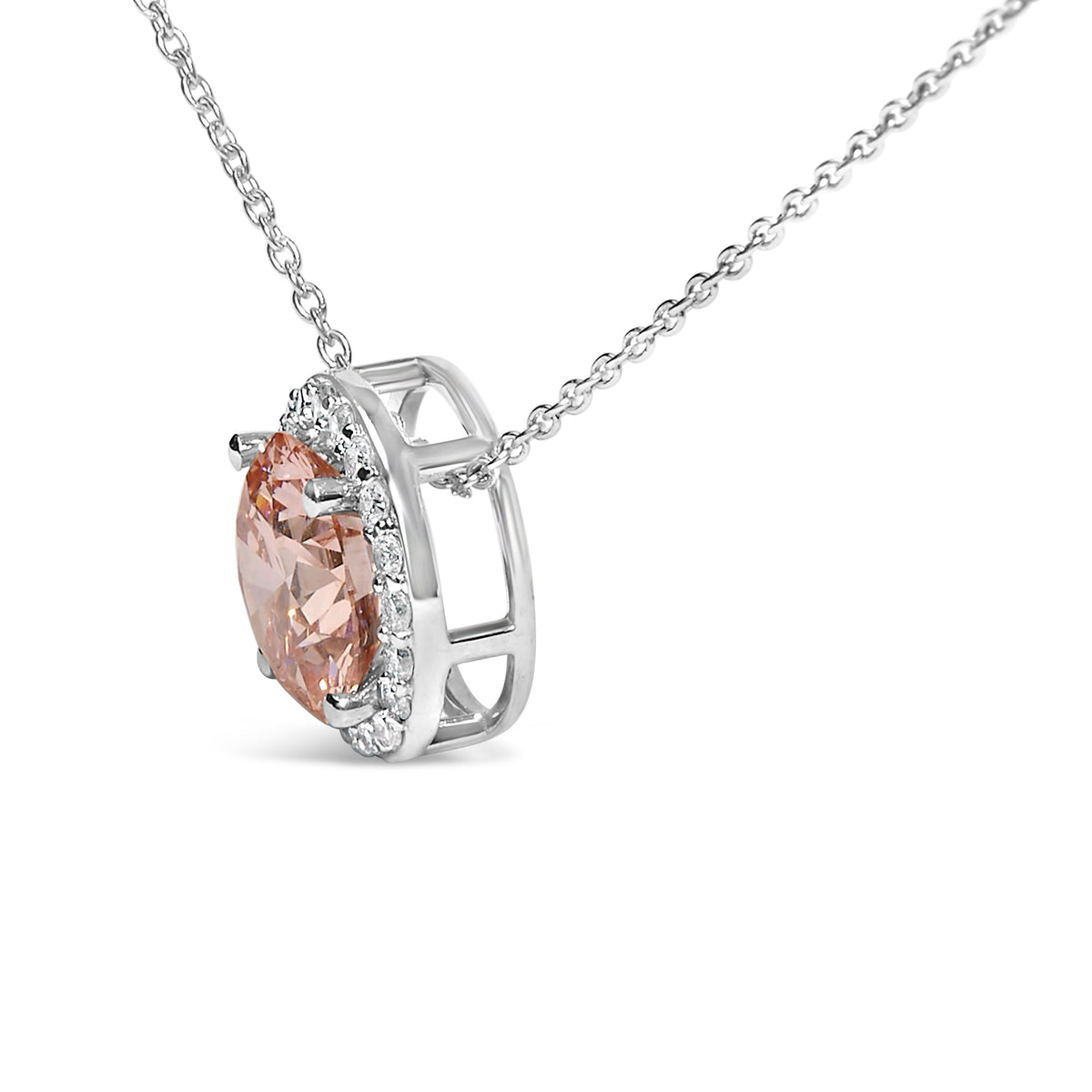 Pendentif solitaire avec halo et collier en or blanc 14 carats, diamants roses de laboratoire 2 3/8 carats au total - 17 pouces