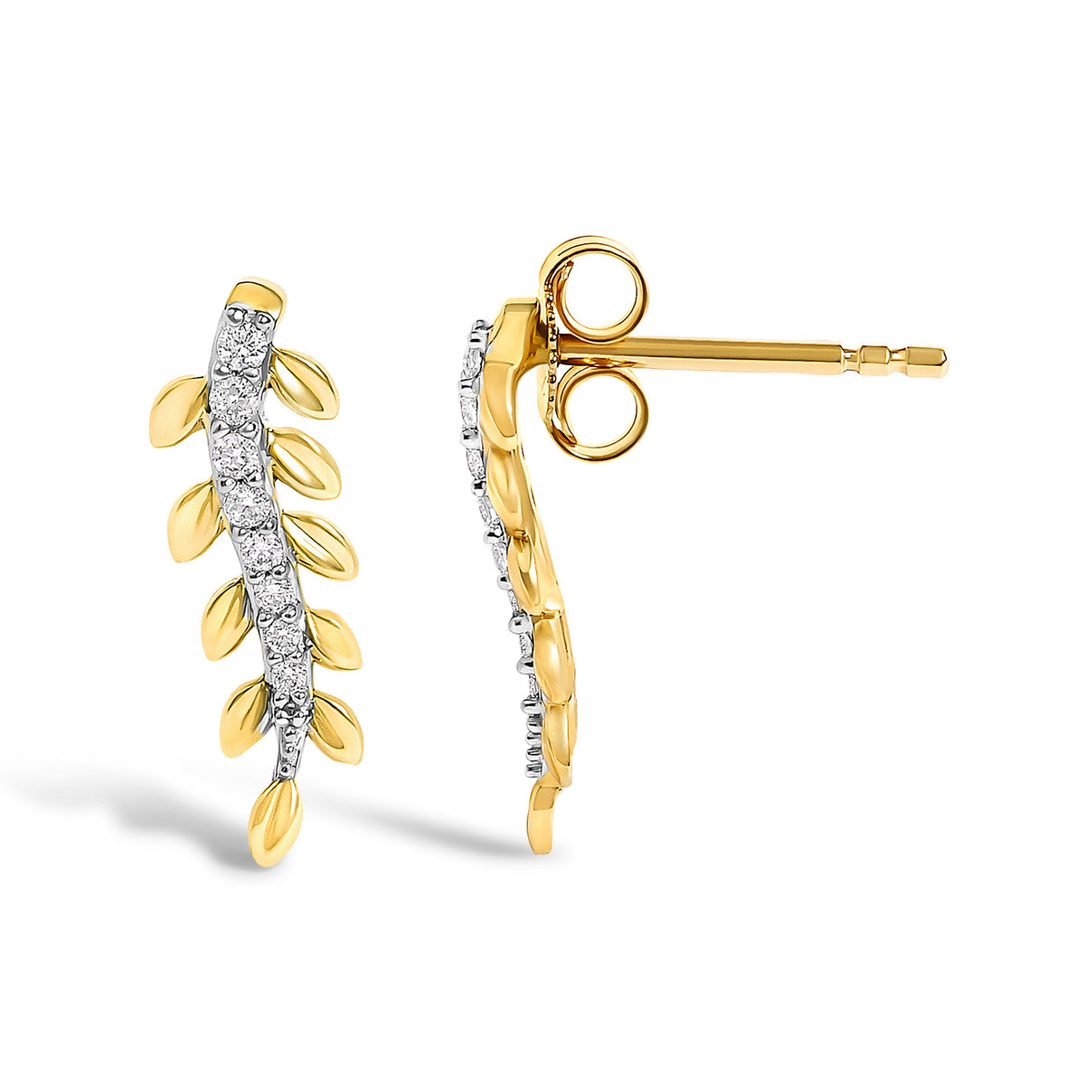 Boucles d'oreilles pendantes en or jaune 14 carats avec diamants (0,10 carat au total) motif feuille