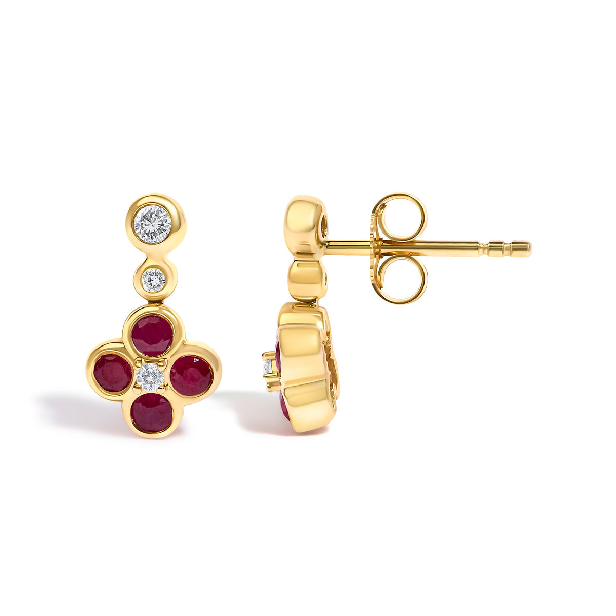 Boucles d'oreilles pendantes florales en or jaune 14 carats, diamants 1/10 ct et rubis