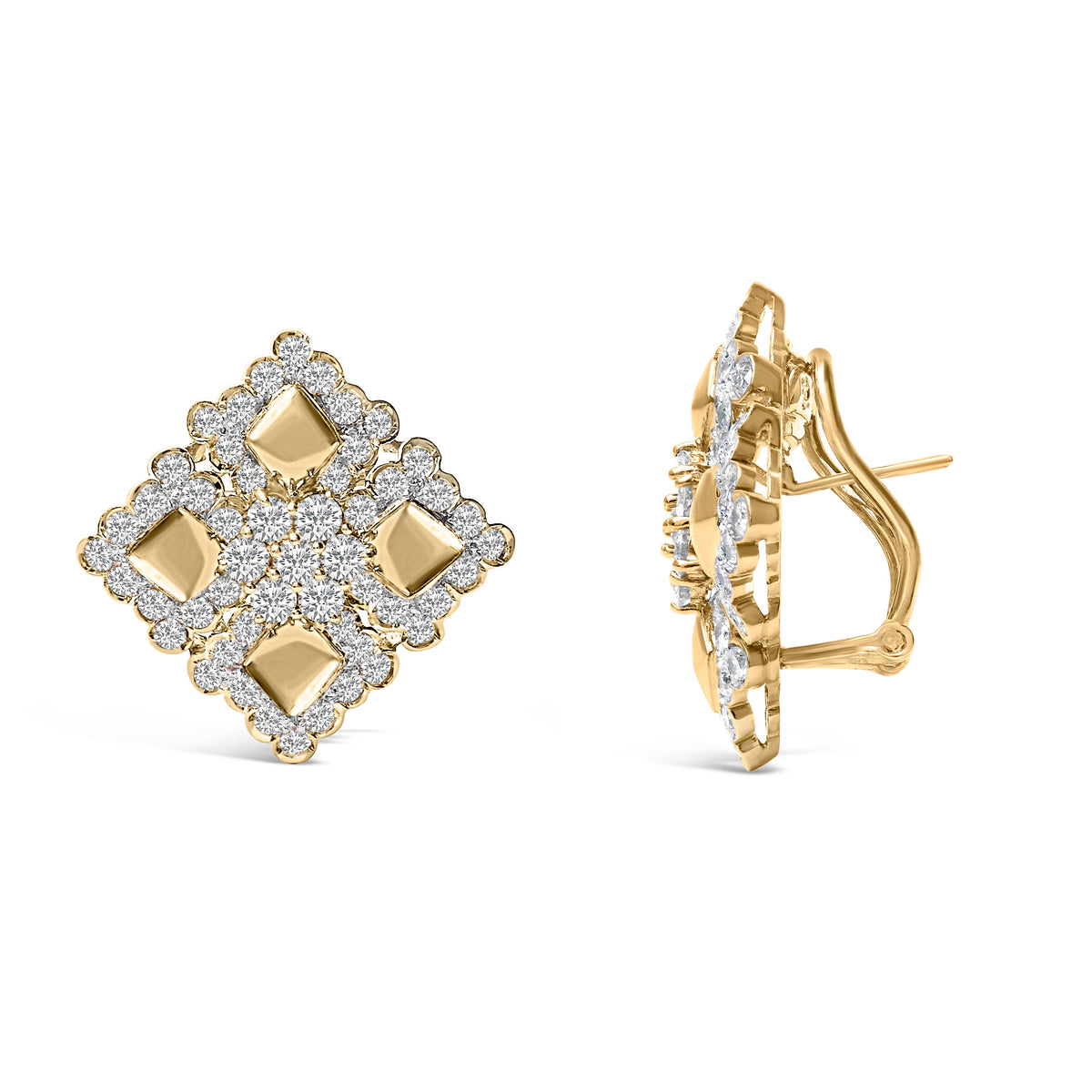 Boucles d'oreilles clous en or jaune 18 carats avec diamants 5 1/5 ct grappe géométrique