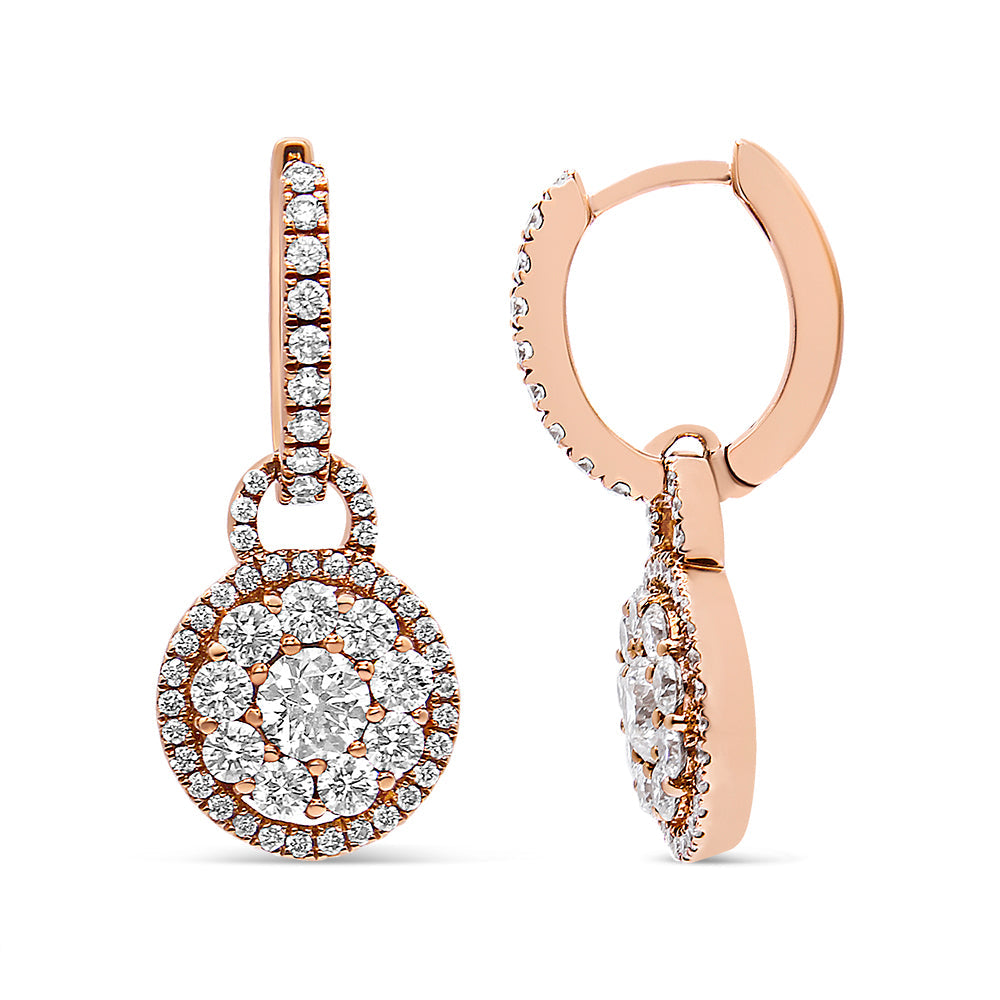 Boucles d'oreilles pendantes dormeuses en or rose 18 carats avec diamants ronds composites de 1,5 carat total (couleur F-G, clarté VS1-VS2)
