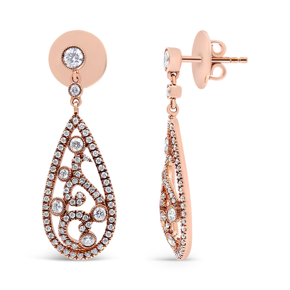 Boucles d'oreilles pendantes en forme de goutte en or rose 18 carats avec diamants de 1,25 carat (couleur F-G, pureté VS1-VS2)