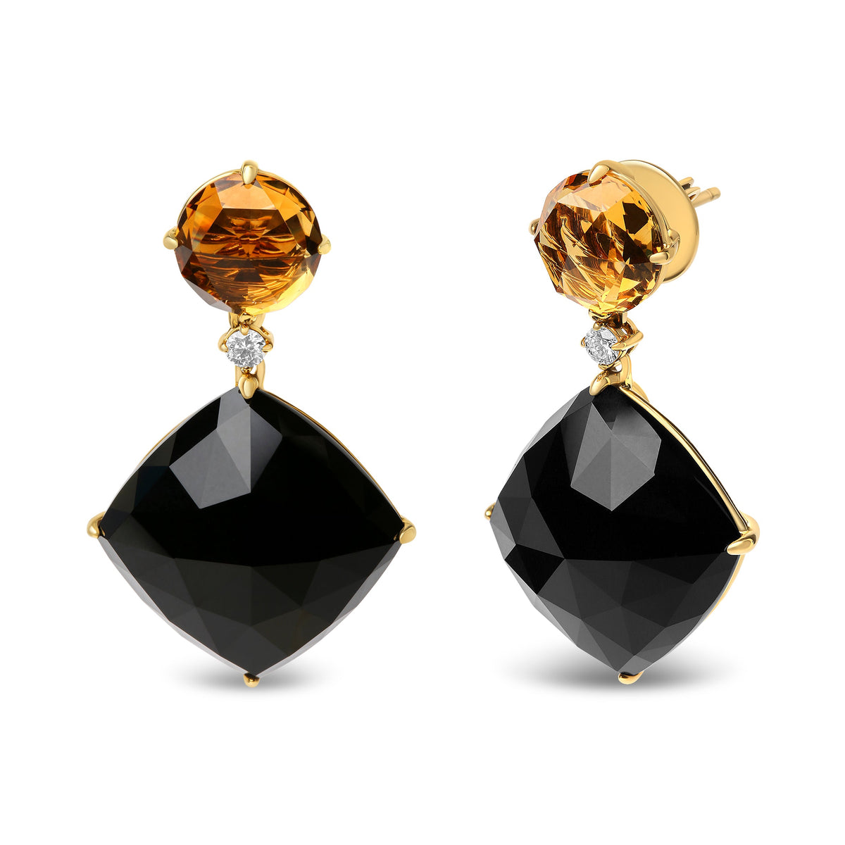 Boucles d'oreilles pendantes en or jaune 18 carats avec diamants 0,20 carat, citrine jaune ronde et onyx noir taille coussin (couleur G-H, pureté SI1-SI2)