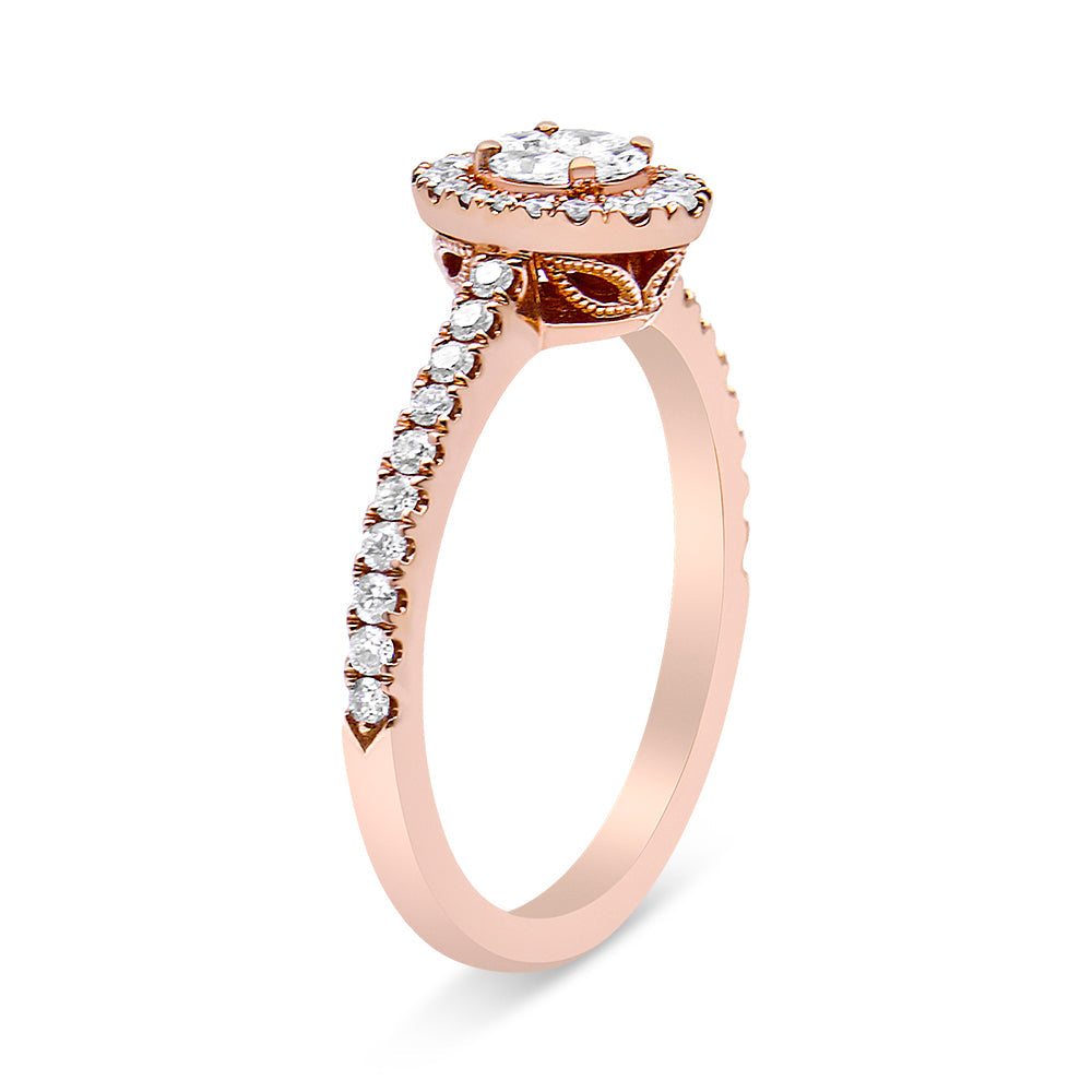 Bague de fiançailles en or rose 18 carats, sertie d'un diamant marquise composite de 0,5 carat et d'un halo ovale (couleur F-G, pureté VS1-VS2) - Taille 7
