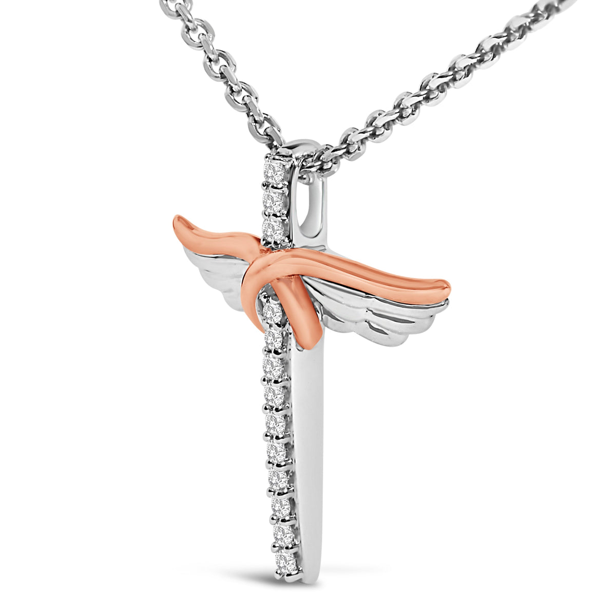 Collier avec pendentif aile et croix en argent sterling plaqué or rose 14 carats et diamant 1/5 carats