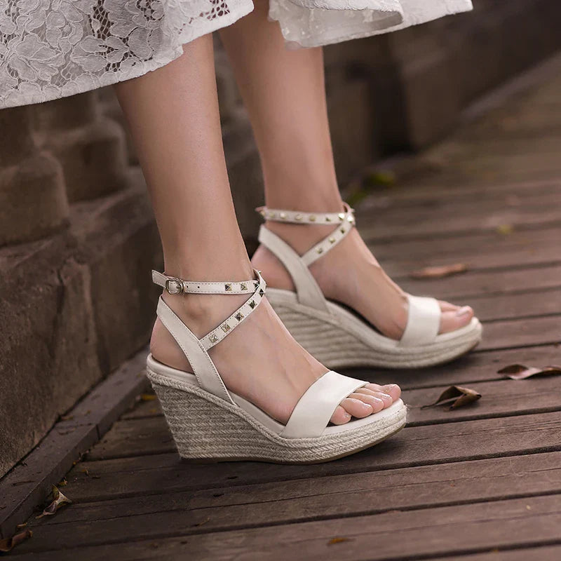 Women's genuine leather hemp wedge platform high heel ankle strap sandals open toe narrow band summer heels pumps daily shoes