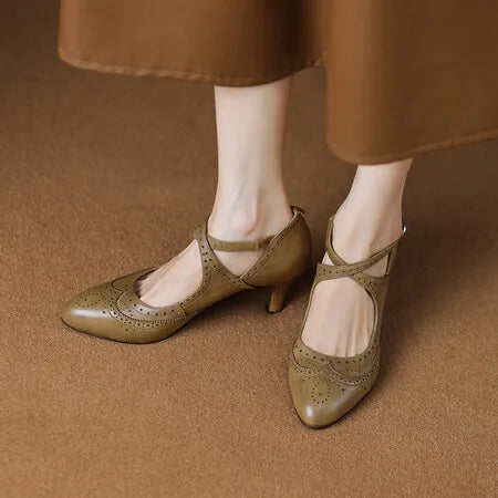 Women's genuine leather thin high heel cross strap carving british style pumps elegant ladies retro daily slim dress pumps shoes