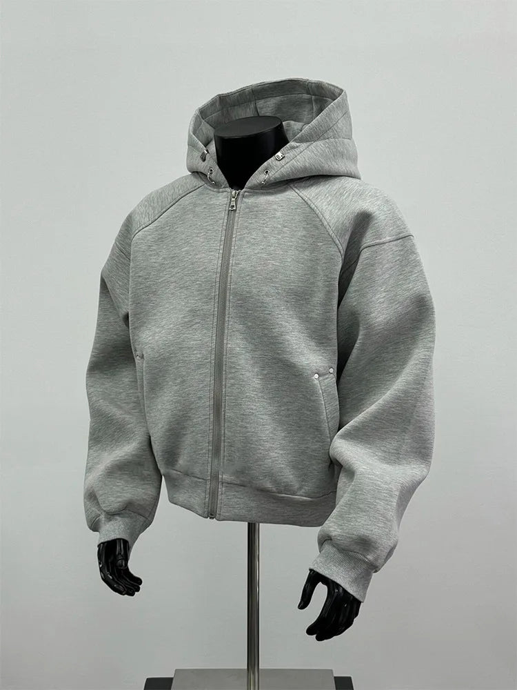American Men's Short Retro Boxy Style Cardigan Sweatshirt Men's Hooded Jacket Autumn Winter Silhouette Men's Fashionable Hoodie