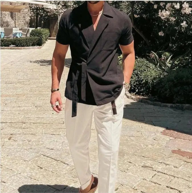 2025 Summer New Casual Fashion Commuting Comfortable Men's Solid Color Cotton and Hemp Suit Collar Strap Short Sleeve Shirt