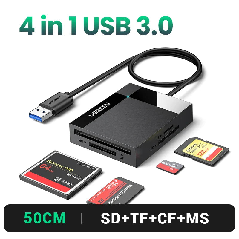 UGREEN Card Reader 4-in-1 USB3.0/USB-C SD Micro SD TF CF MS Compact Flash Card Adapter for Laptop PC Multi OTG Smart Card Reader