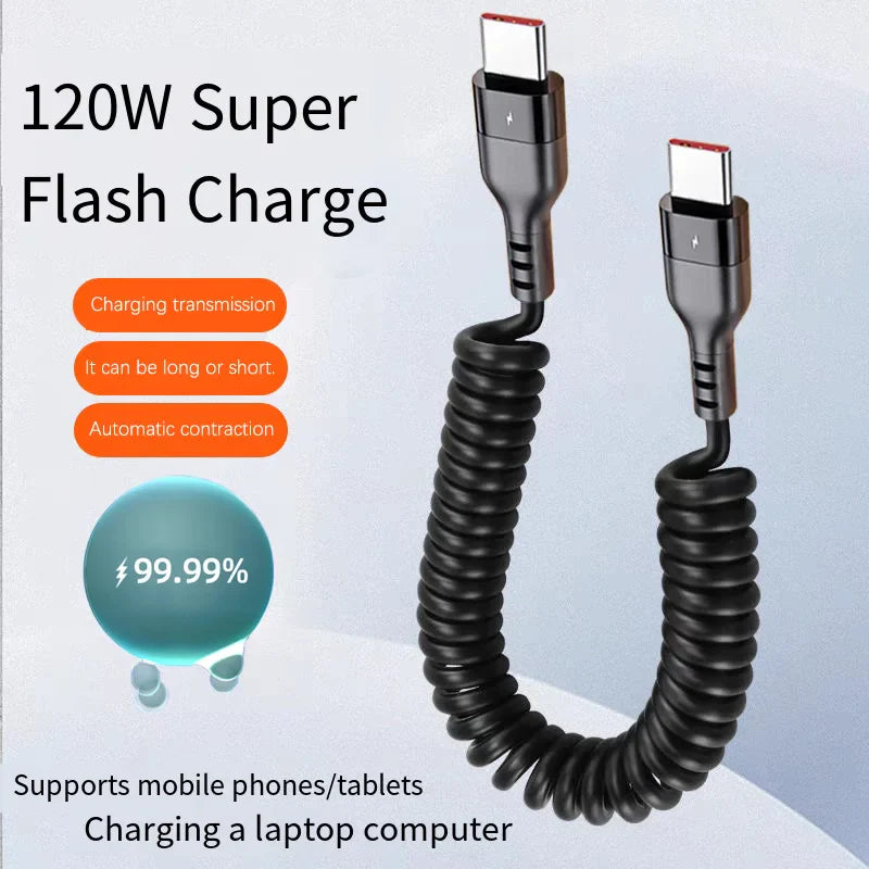 Retractable 120W PD Fast Charging USB-C To USB-C Spring Cable,Compatible with IPhone 16/17,Xiaomi & Samsung Quick Charge Devices