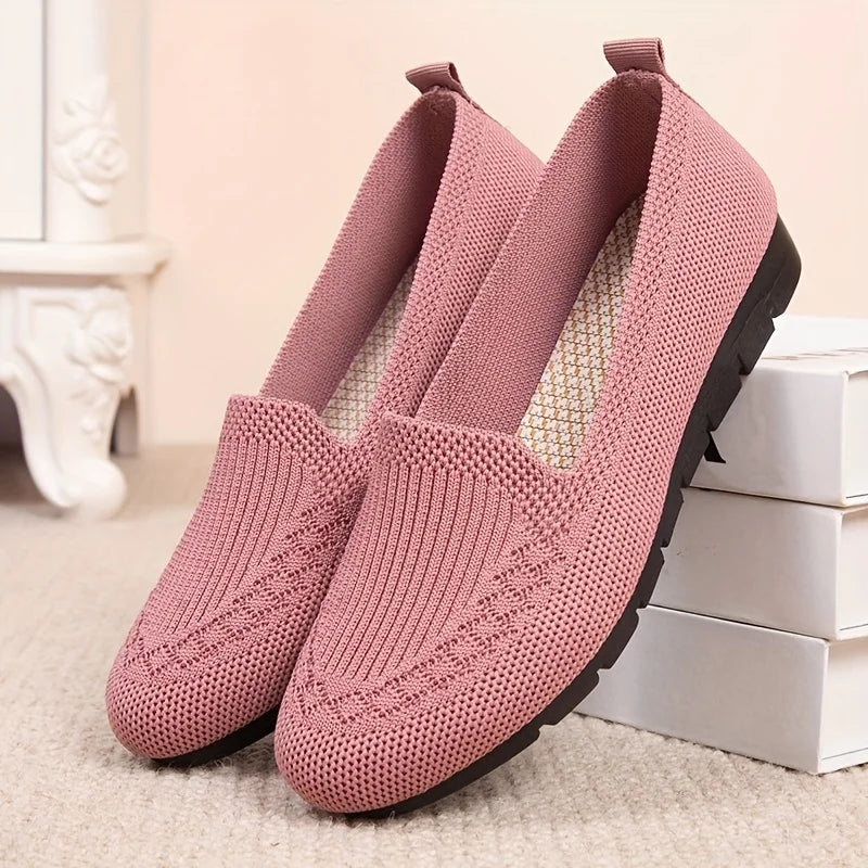 Women's Solid Color Knit Loafers Lightweight Anti Slip Flat Shoes for Casual Wear