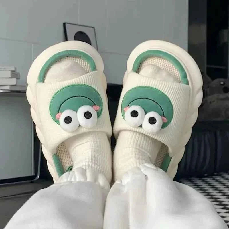 Frog Linen Slippers – Warm Indoor Home Slides with Thick Sole Anti-Slip for Women & Couples