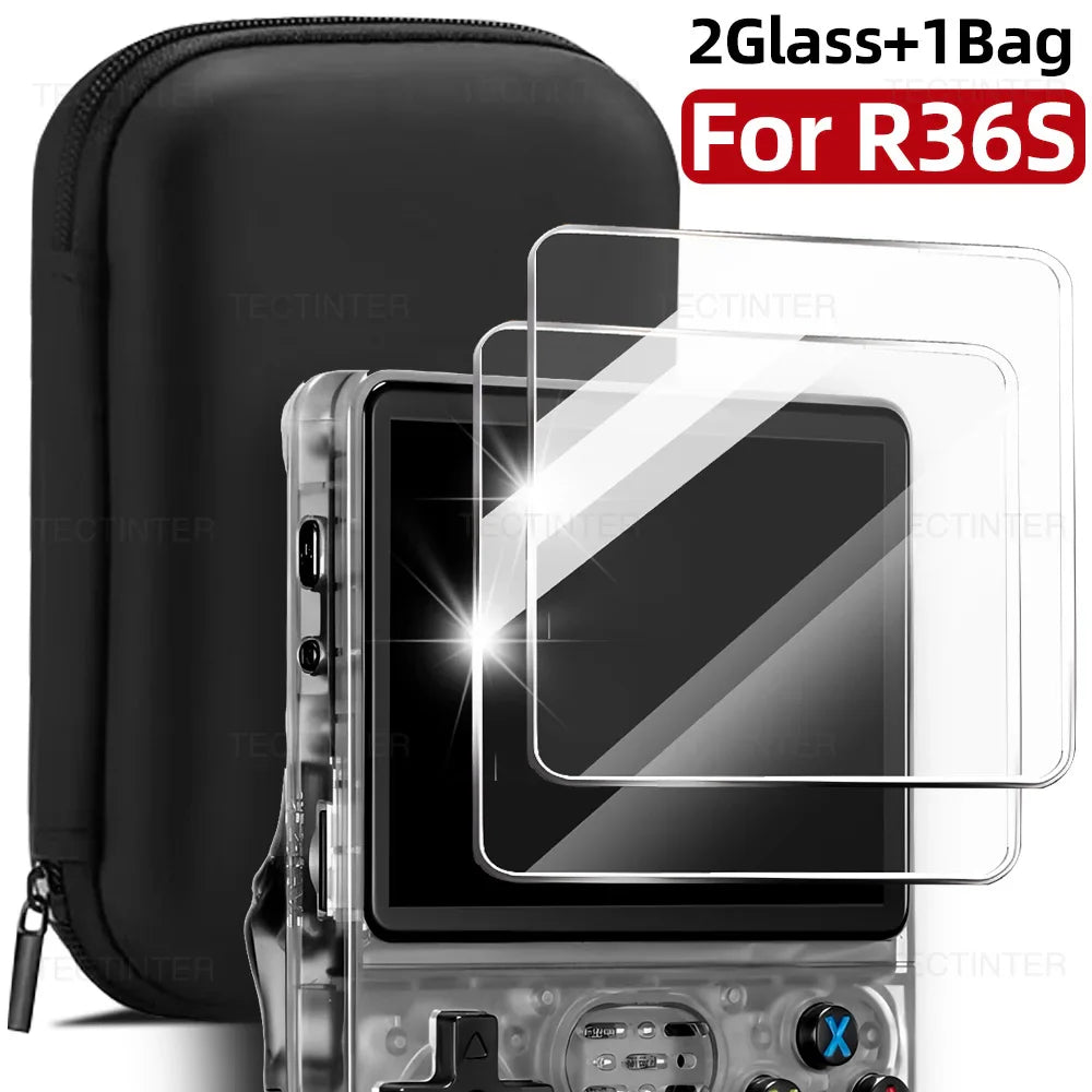 Screen Protector+Portable Carrying Case for R36S Handheld Console Storage Bag & Anti-Scratch Tempered Glass for R36S Accessories