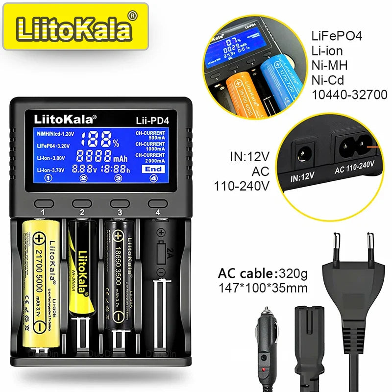 LiitoKala Lii-PD4/PD2 AC PD Charger LCD Fast Charging 4/2-Bay for 21700/18650/AA/AAA Multi-Protection Auto-Detect
