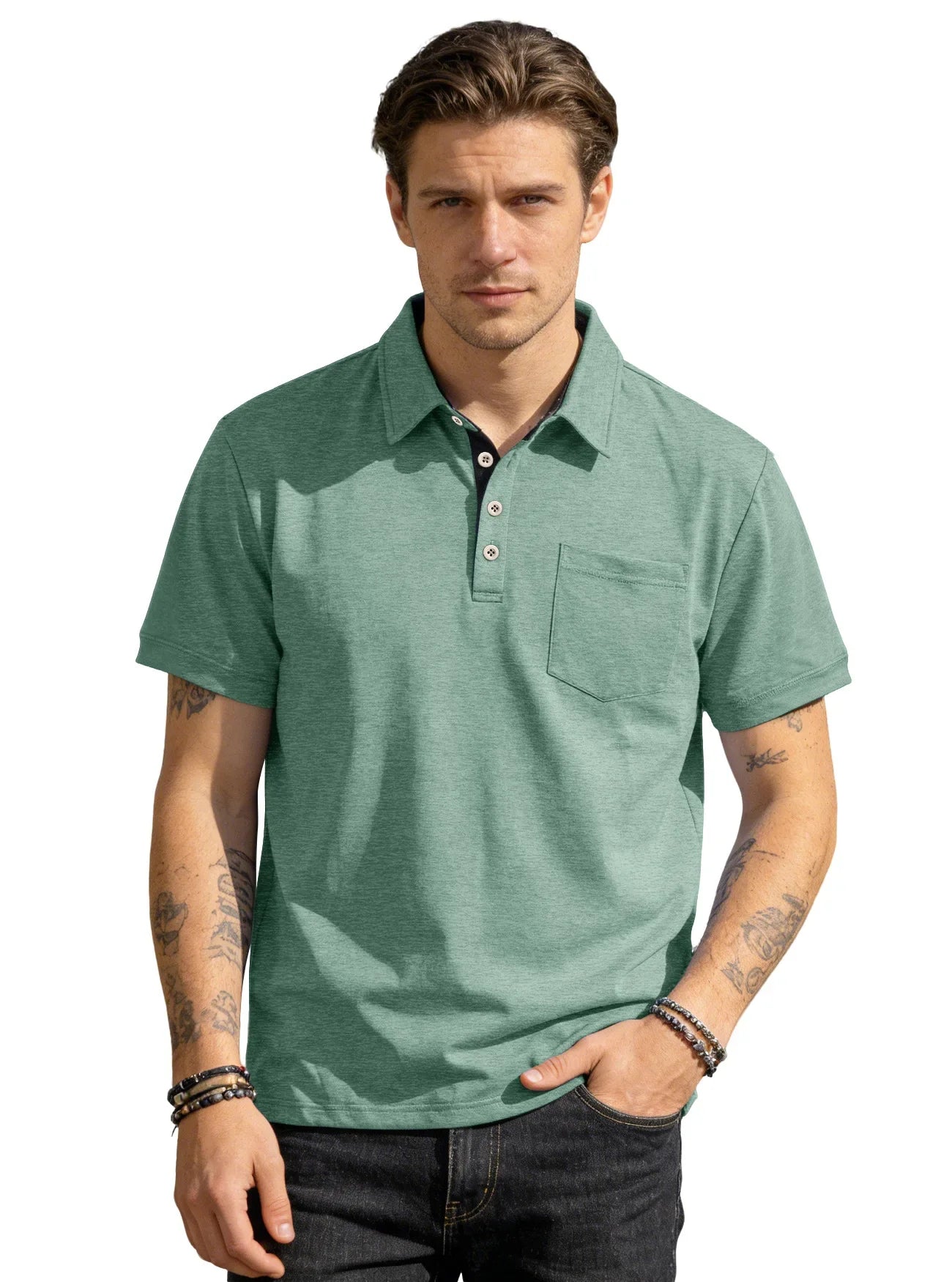 Men's Casual Business Polo Shirt Lapel Collar Chest Pocket Loose Short Sleeve Summer Daily Wear 2026 Summer New Men's Polo Shirt