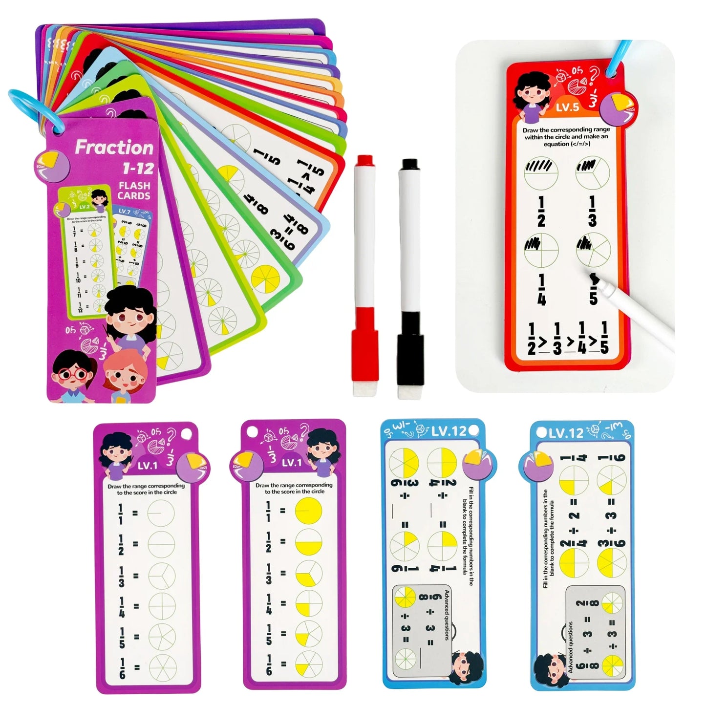 Digital Learning Flash Cards, Addition, Subtraction, Multiplication, Division, Fractions, Math Formula Memory, 15 Cards with Two Erasable Pens, Learning Toy