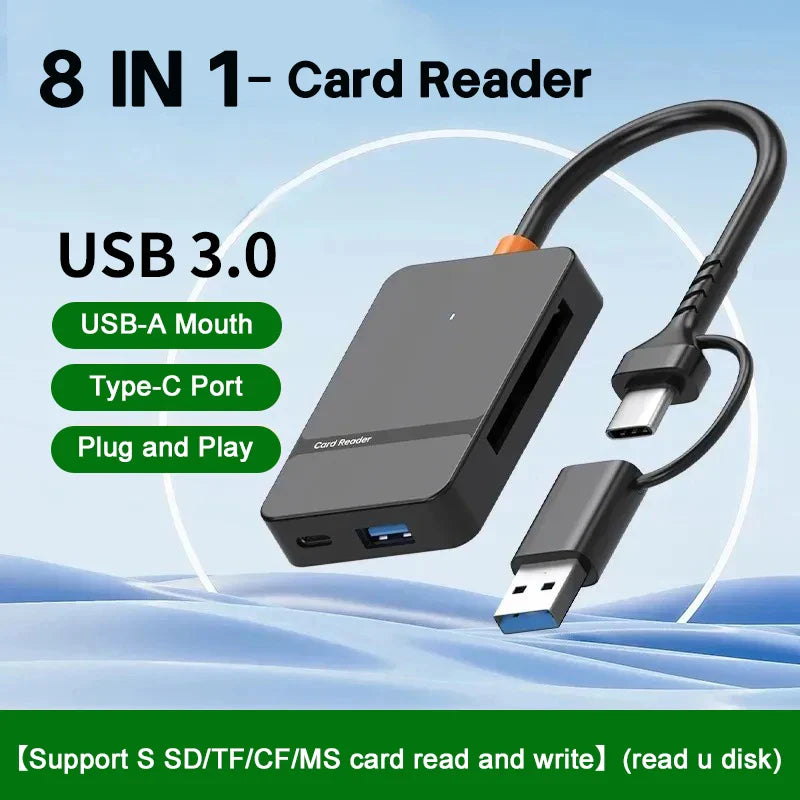8-in-1 Card Reader USB3.0 Hub CF/SD/MS/TF Memory Card Reader for PC iPhone15 16 Trail Camera Converter External USB Flash Drive