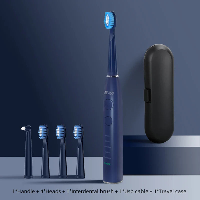 Seago Electric Toothbrush USB Rechargeable Adult 360 Days Long Battery Life IPX7 4 Replacement Heads Travel Box SG-575