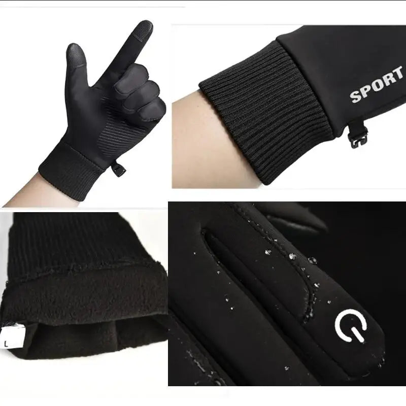 Black Winter Warm Full Fingers Waterproof Cycling Outdoor Sports Running Motorcycle Ski Touch Screen Fleece Gloves Snow Gloves