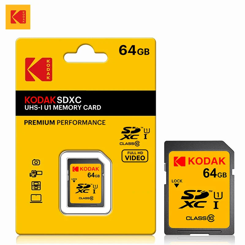 KODAK SD Card 32GB 64GB 128GB Class 10 U1 V30 High Speed Memory Card SDXC for DSLR Camera 4K Video
