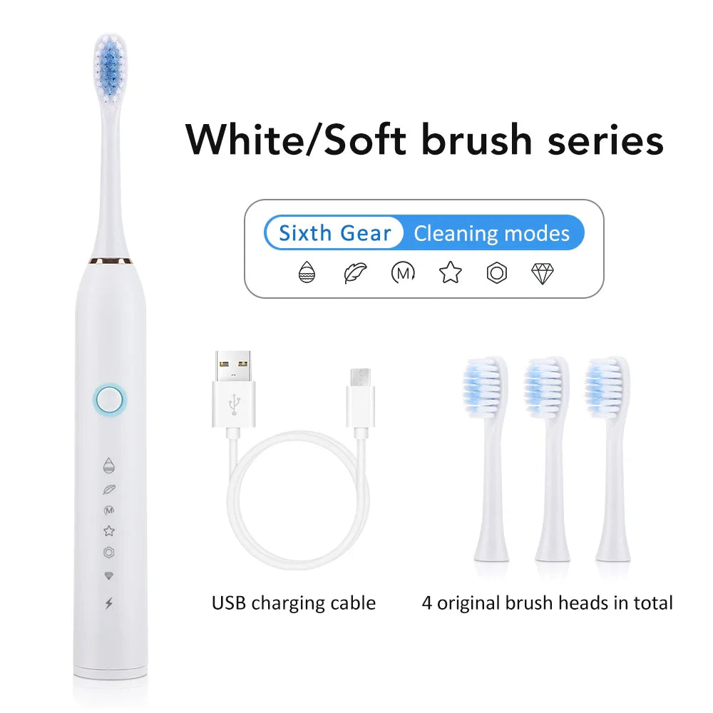 Six Modes Electric Ultrasonic Toothbrush IPX67 Home Soft Hair USB Charging Waterproof Adult Tooth Cleaner Automatic Couple Set