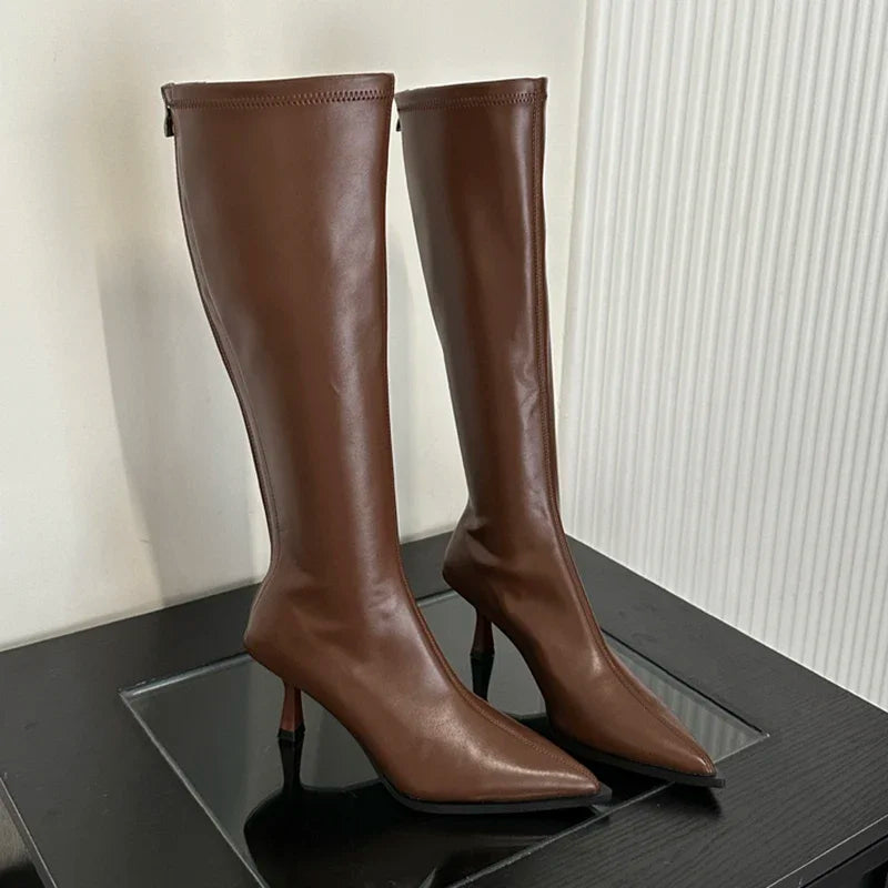 Soft Leather Pointed Toe Knee High Boots High Heels Zipper Women Pumps Ladies Long Stretch Modern Boots