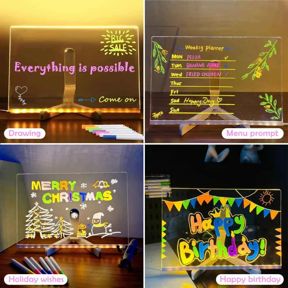 LED Note Board Night Light w/7 Color Pens - DIY Acrylic Message Board Gift